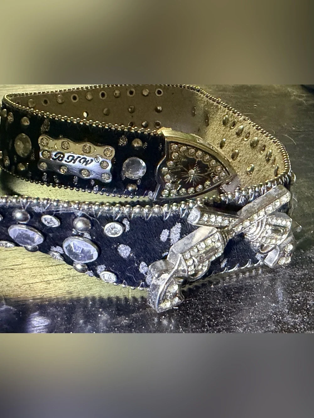 Black Silver cowhide rhinestone gunslinger pistols western bling belt large